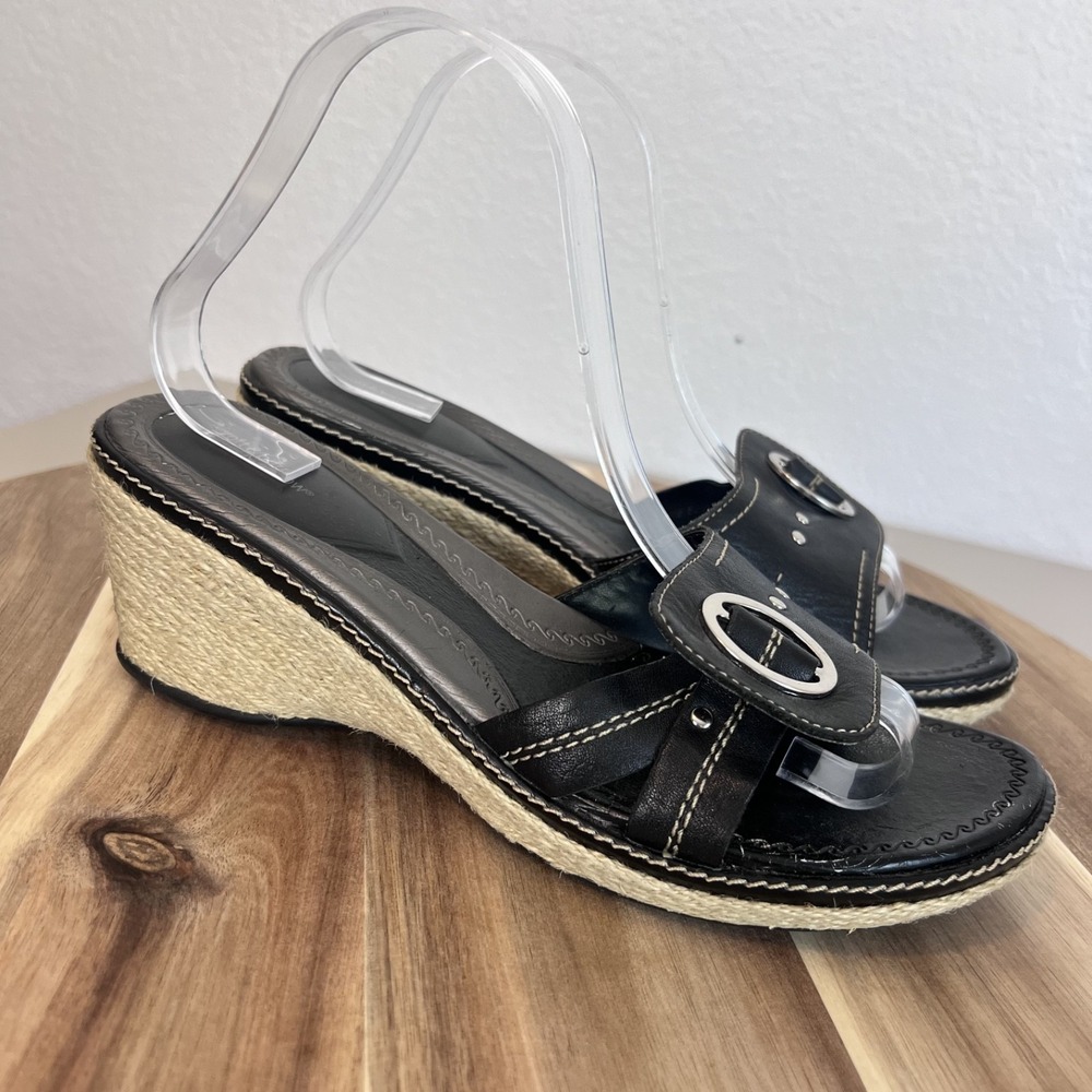 Y2K Jute Wedge Sandals Womens 8 M Black Leather Boho Western Coastal Resort